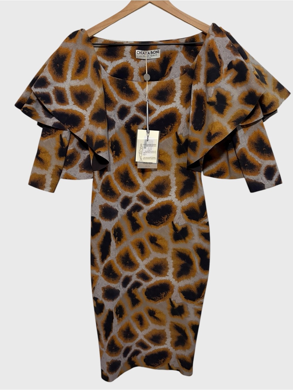 Chiara Boni La Petite Robe NEW Brown Black Animal Print Ruffle Dress US size 4